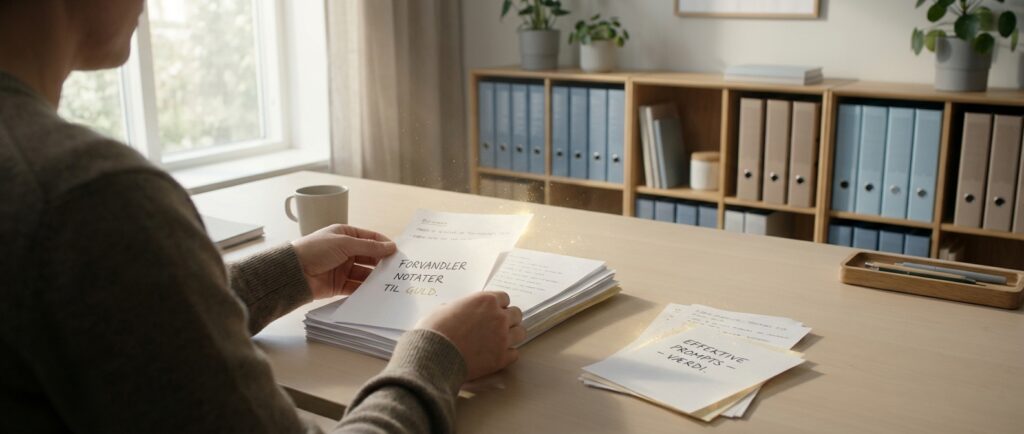 Et nærbillede af hænder, der finder 'guld' i velordnede notater. 10 NotebookLM prompts, der forvandler dine notater til guld.