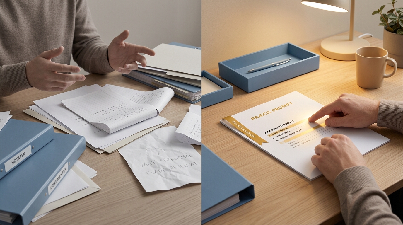 To scener viser kontrasten mellem vage og skarpe prompts, der forvandler notater til guld.