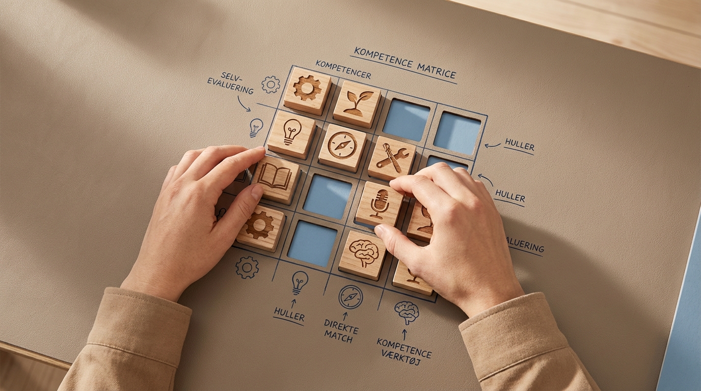 Hænder organiserer kompetencer i en matrix for at finde hullerne og matche krav.