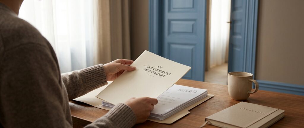 En person lægger et skræddersyet CV på en stak accepterede ansøgninger, symboliserende AI CV-optimering.