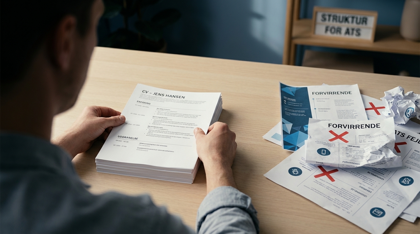 Hænder organiserer et CV i en enkel kolonne, der viser korrekt formatering for ATS-systemer.