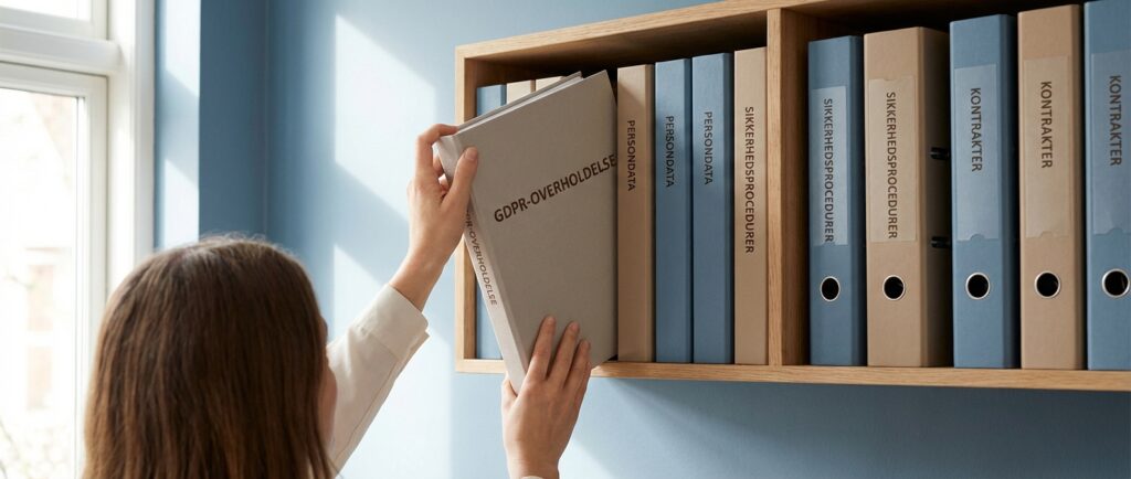 En person placerer trygt en GDPR-mappe på en hylde, der symboliserer overblik og sikkerhed for danske arbejdspladser, takket være AI og GDPR: Den ultimative tryghedsguide.