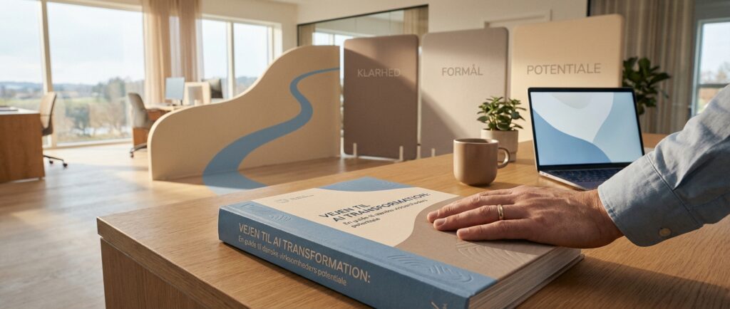 En komplet guide til AI-transformation, symboliseret ved en åben bog på et organiseret skrivebord.