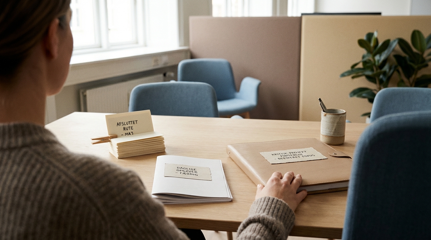 Fokuseret medarbejder ved et ryddeligt skrivebord efter AI-transformation, med færre rutineopgaver.