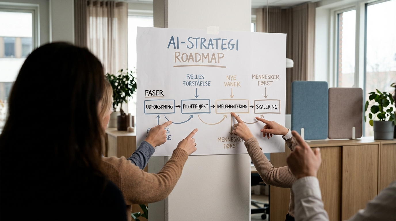 Medarbejdere samarbejder om en AI-strategiplan, der viser faser for transformation i en dansk virksomhed.