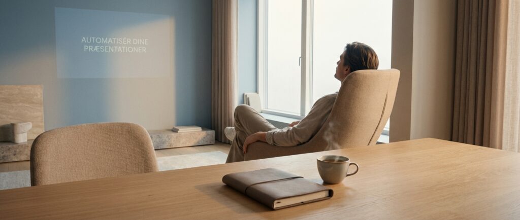 En person nyder en rolig og tom arbejdsplads, der symboliserer hvordan "Automatisér Dine Præsentationer: Sådan Sparer Gamma.app Dig Timer Hver Uge" frigiver tid.