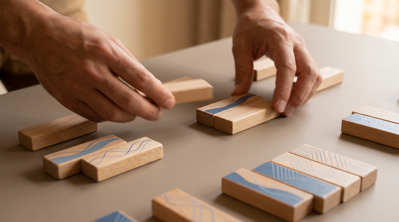 Hænder samler ubesværet elementer til en præsentation, som illustrerer hvordan Gamma.app sparer tid på opsætning.