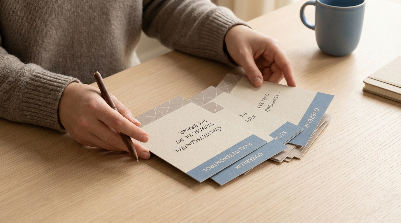 Hænder udfører kvalitetskontrol og tilpasser et professionelt præsentationsmateriale, efter automatisering med Gamma.app.