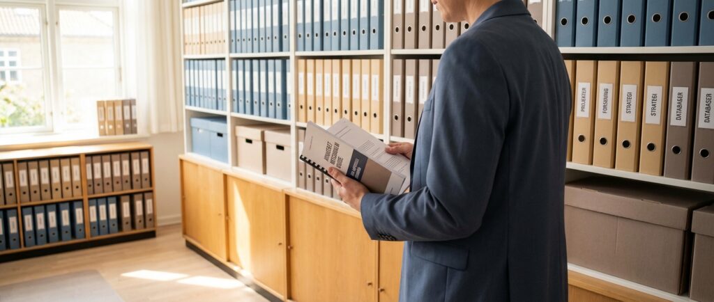 En person overskuer organiseret viden i et arkiv, holdende en perfekt rapport, som en 'power-user' med den uofficielle guide til Avanceret NotebookLM.