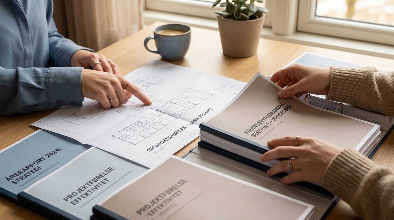 Hænder organiserer et komplekst projekt ud fra en enkelt, detaljeret plan, visualiserende 