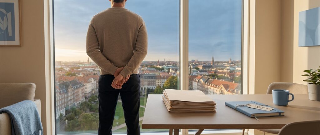 En person ser ud mod en lys skyline, symboliserende ny start og klar til at blive fundet af næste chef. AI bygger CV på én eftermiddag.