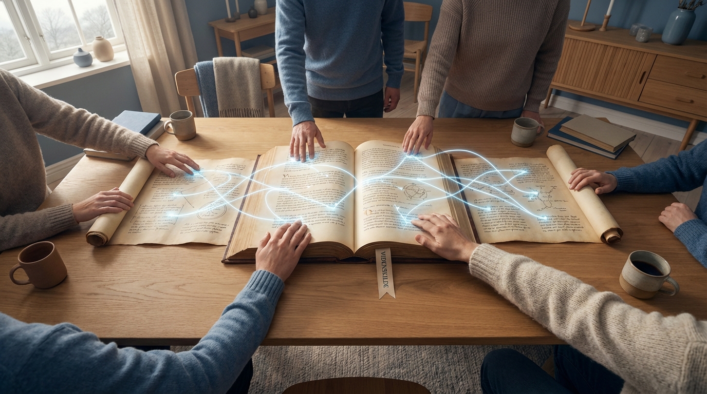 Hænder deler adgang til en fælles videnbase, hvilket viser 