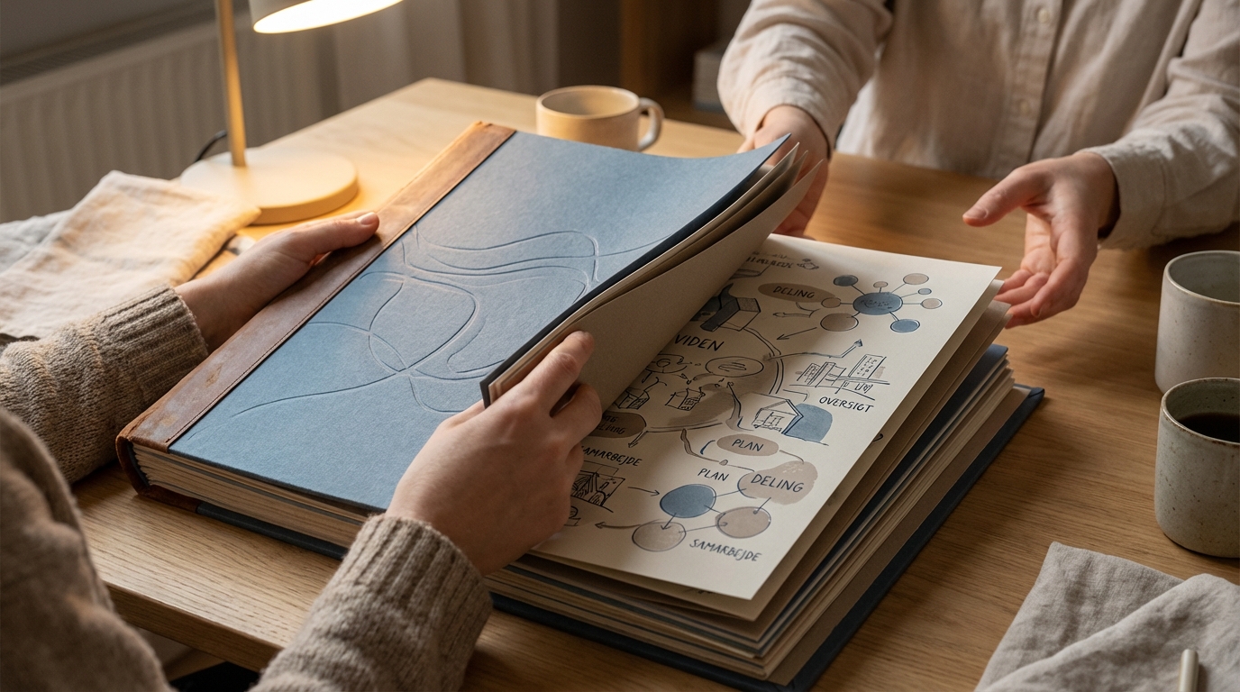 Hænder deler let adgang til en detaljeret fysisk notesbog, der visualiserer 