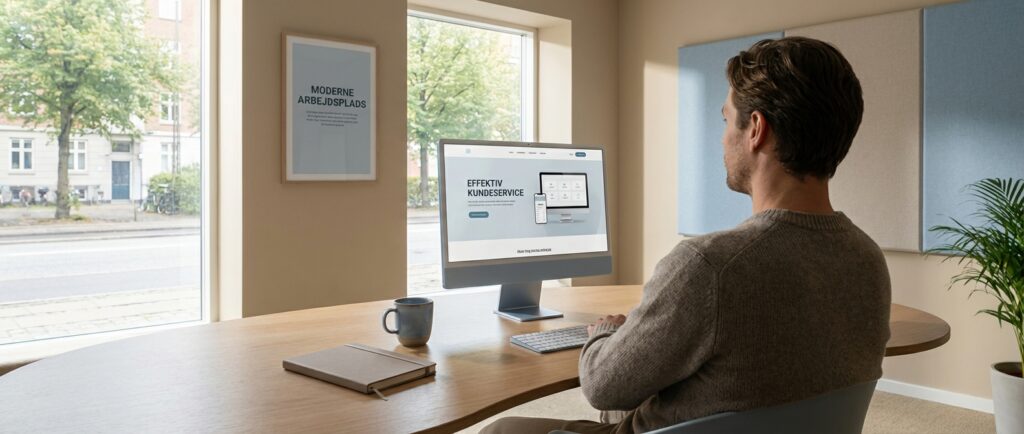 En tilfreds medarbejder ved et ryddeligt skrivebord symboliserer reducerede svartider med ChatGPT til kundeservice i en dansk virksomhed.