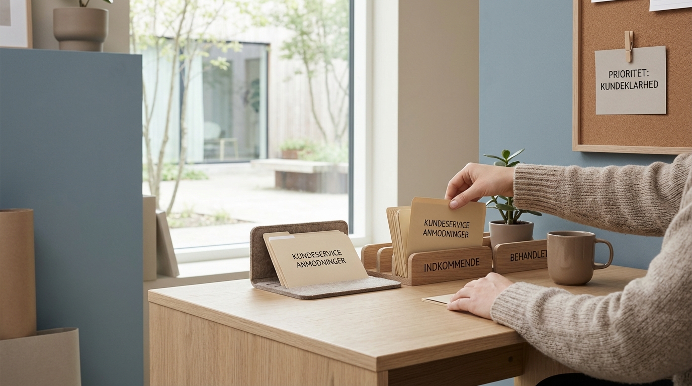 Hænder organiserer anonymiserede dokumenter, der illustrerer fokus på GDPR og datasikkerhed med ChatGPT til kundeservice.