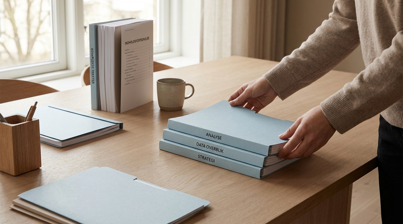 Hænder organiserer fysiske mapper, der symboliserer at Claude AI gør komplekse tekster og indholdsfortegnelser overskuelige.