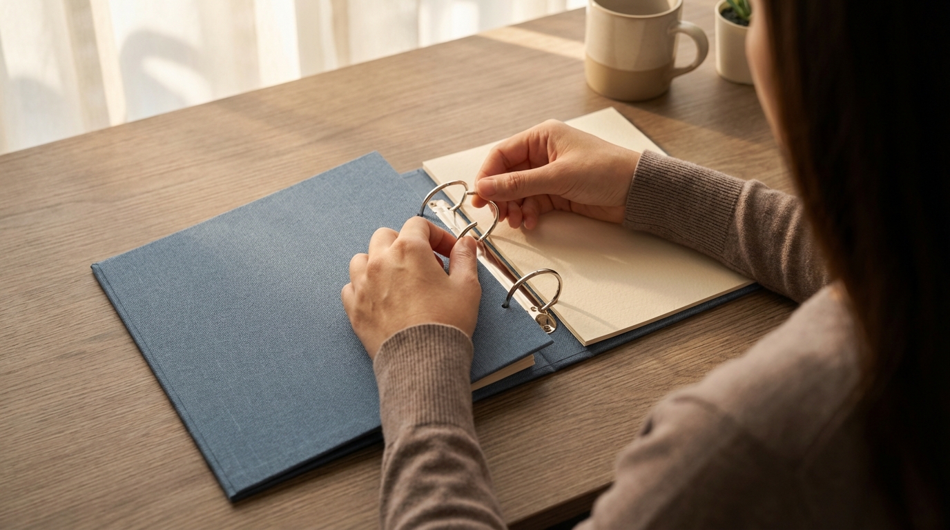 Hænder åbner et helt nyt ringbind som startskuddet i Din første NotebookLM: Trin-for-trin guide til absolutte begyndere.