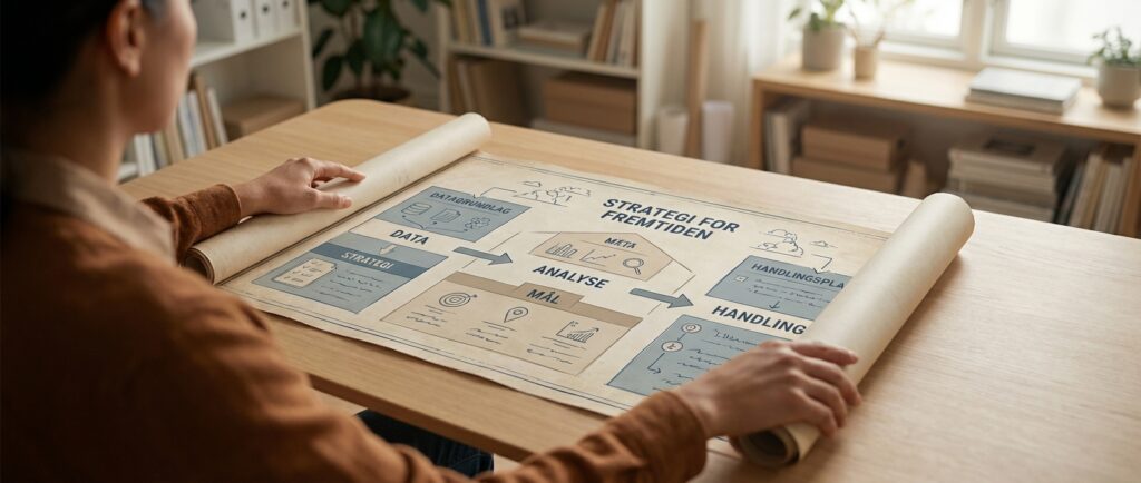 En person lægger en klar, fysisk strategiplan på et bord, som viser, hvordan AI forvandler rå data til handling.