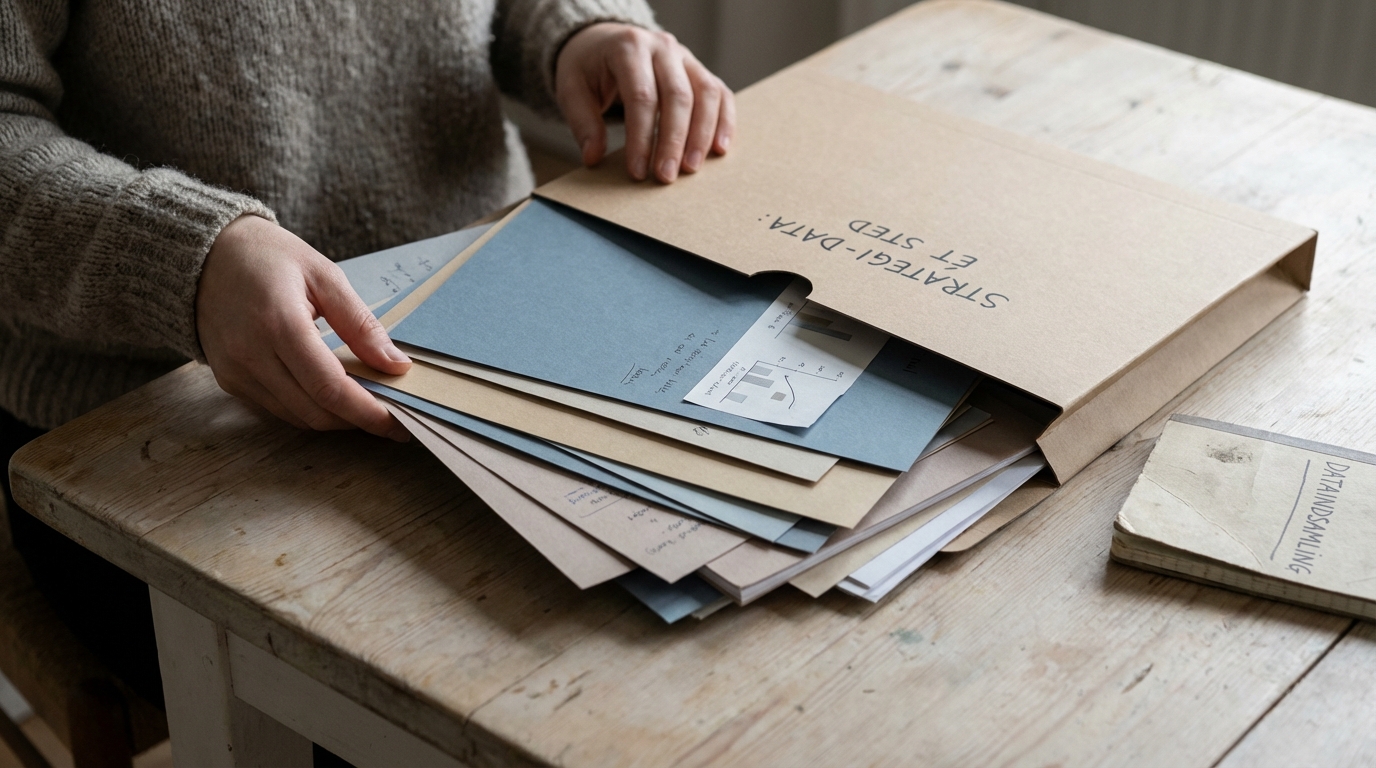 Hænder samler fysiske rapporter i én mappe, der viser første trin i at forvandle rå data til handling med AI.