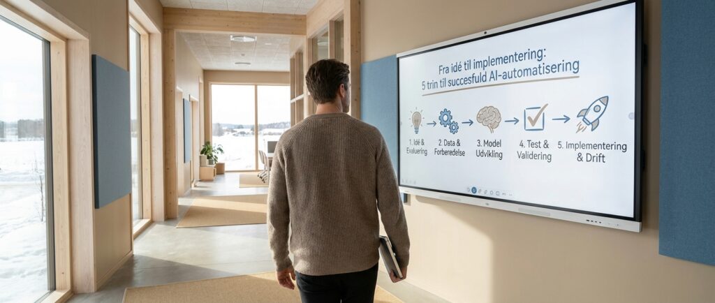 Fra idé til implementering: En person følger en visuel køreplan med 5 trin mod succesfuld AI-automatisering.