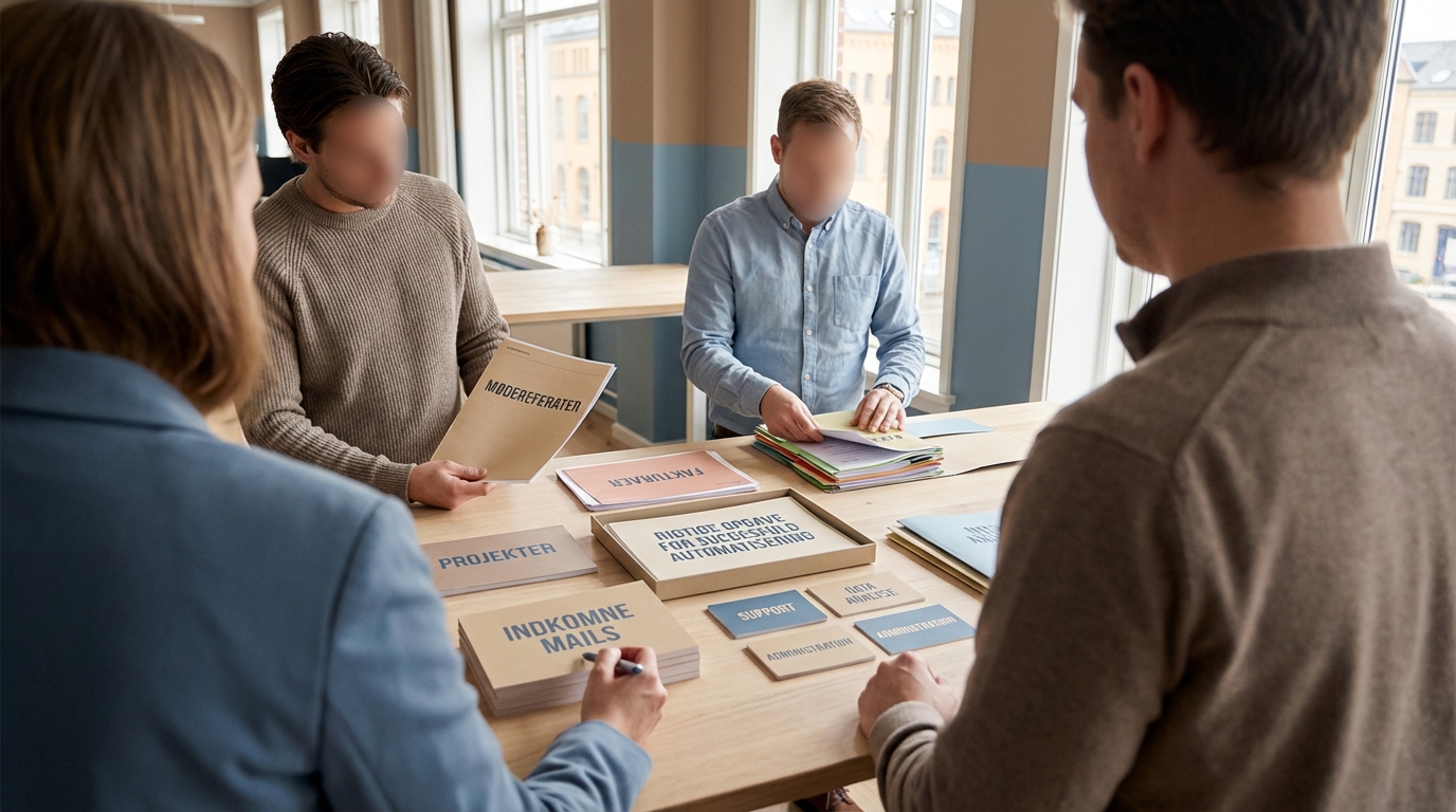 Tre kolleger udfører en minitest for at finde den rigtige opgave til AI-automatisering i et åbent kontor.