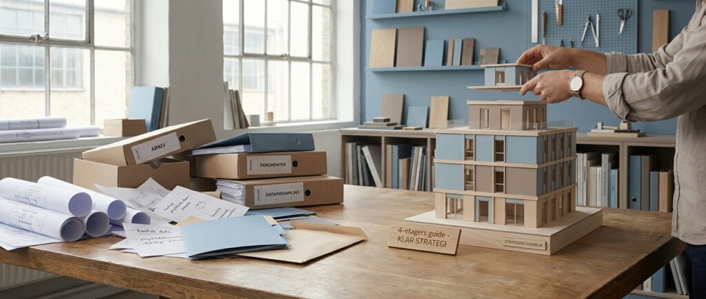 Fra kaotisk data til klar strategi: Et multi-etagers byggeprojekt symboliserer orden og den konkrete guide, der forvandler kaos til klar strategi.