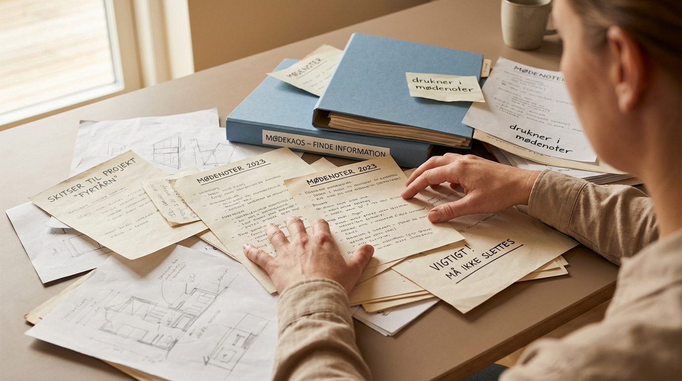 Fra mødekaos til struktur: En medarbejder drukner i mødenoter, søger overblik over projekter i et papirkaos.