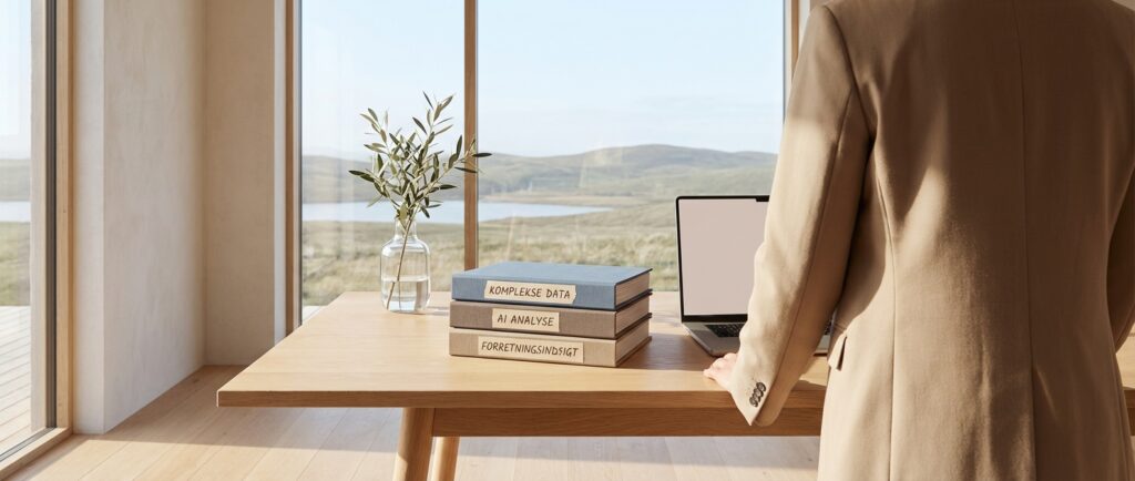 En leder med overblik og ro i et lyst kontor, der symboliserer klar 'forretningsindsigt' fra 'rå data' med 'AI-analyseværktøjer'.