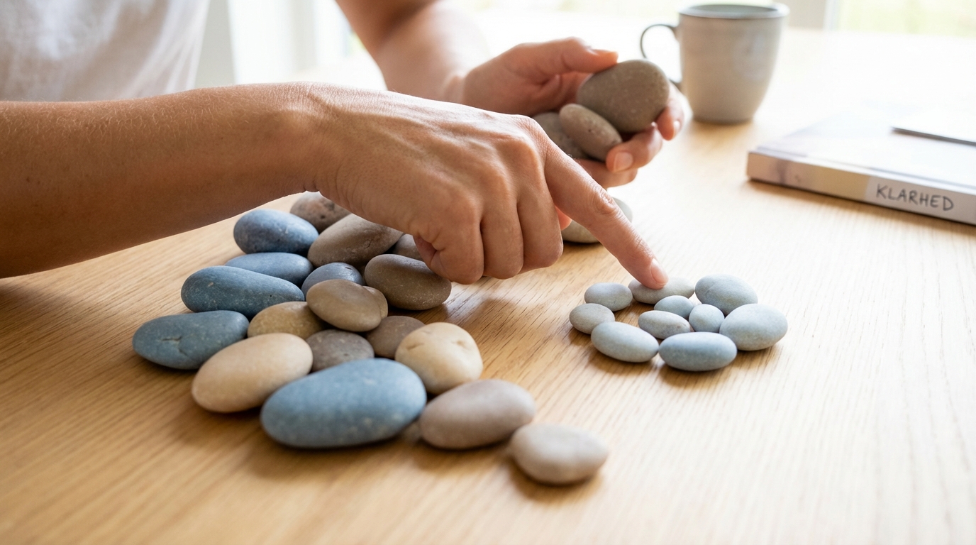 Hænder organiserer sten, der afslører mønstre og giver 