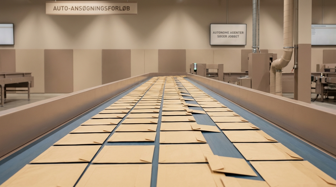 En række identiske jobansøgninger strømmer afsted fra autonome agenter, illustrerende masseafsendelse.