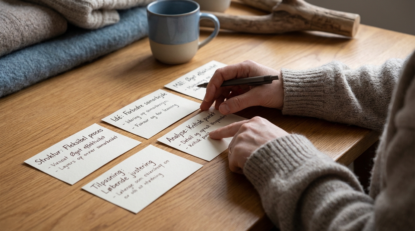 En person organiserer noter, hvilket afspejler vigtige AI-kompetencer for arbejdsmarkedet.