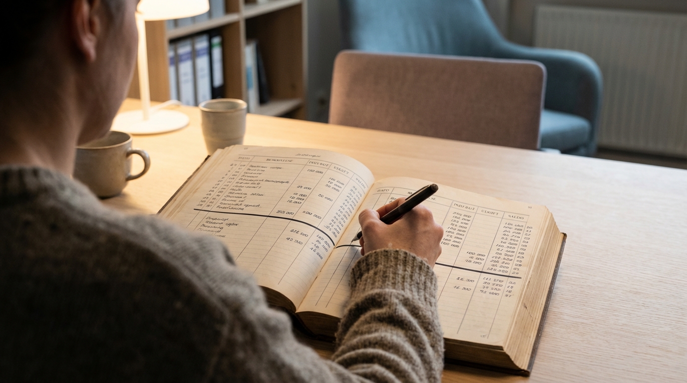 Person tegner selvsikkert i regnskabsbog, illustrerer frihed fra formelangst med Google Sheets AI i Google Gemini i Praksis.