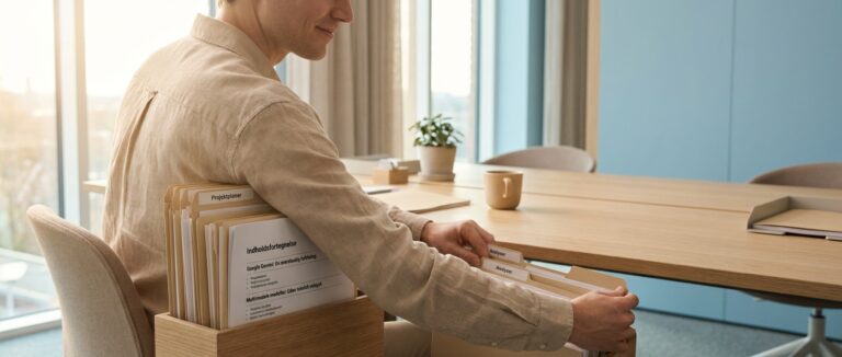 Person organiserer dokumenter med lethed, forstår 'hvad Google Gemini' er uden teknisk volapyk, som en klar indholdsfortegnelse.