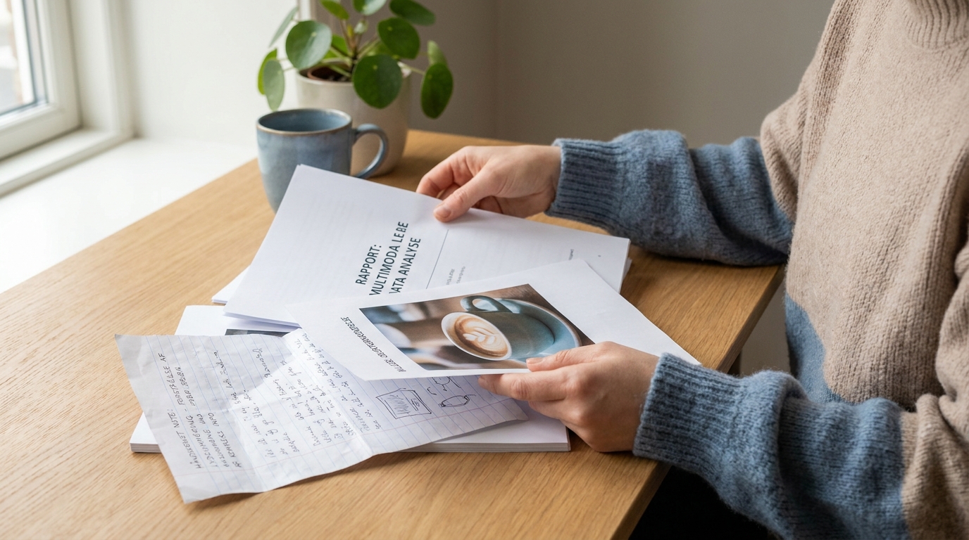 Effektive hænder sorterer forskellige dokumenter, illustrerer praktisk anvendelse af Gemini