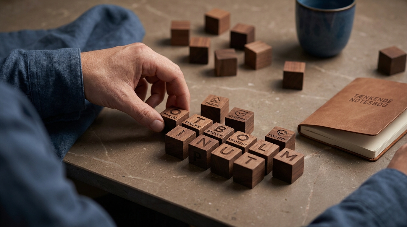 Hænder sammensætter præcise symboler for at mestre prompts og få mest ud af hvad er NotebookLM.