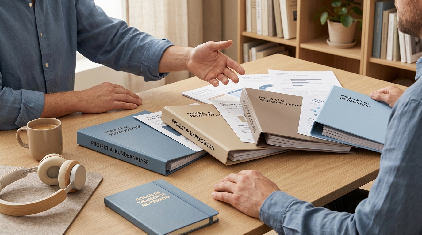 En person overskuer roligt flere projektmapper, der viser vigtige funktioner i hvad er NotebookLM.