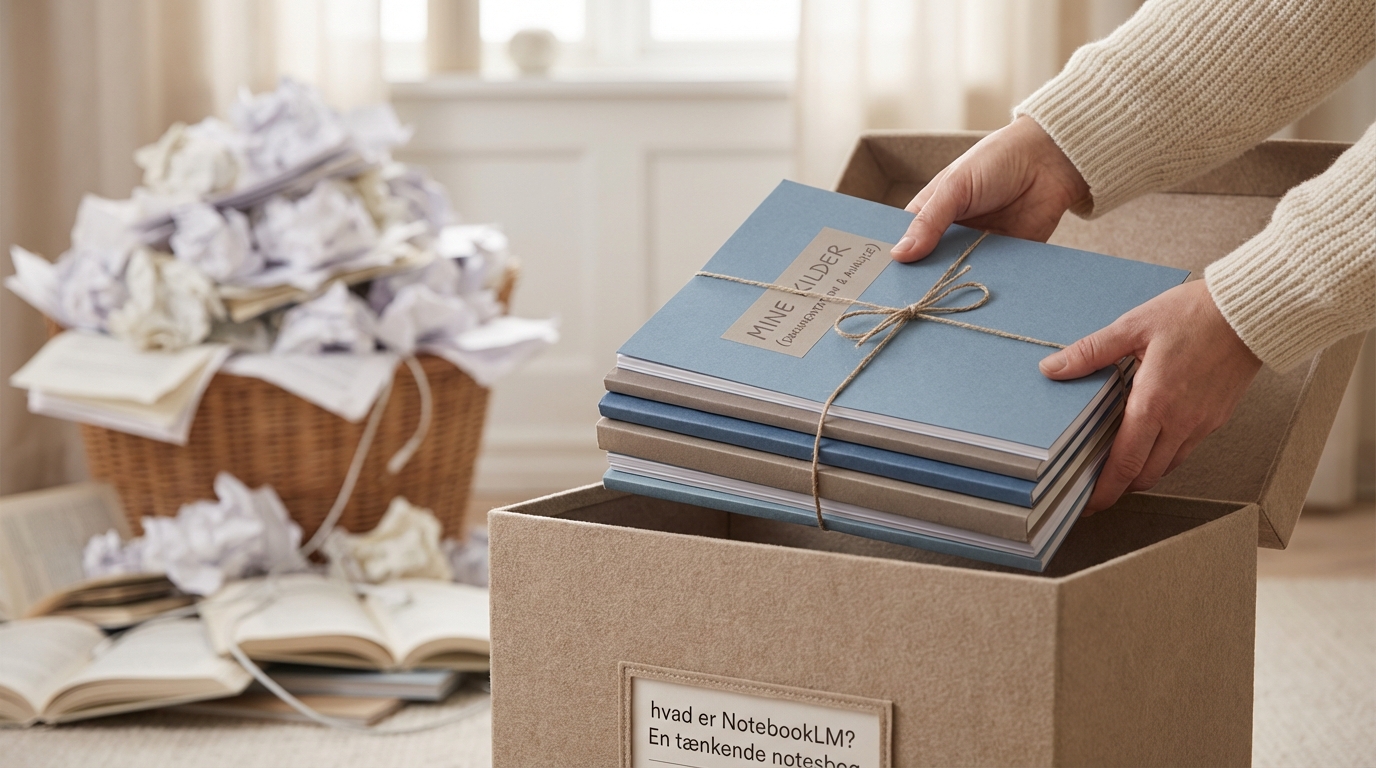 Hænder sorterer relevante dokumenter i en mappe, der forklarer hvad er NotebookLM helt præcist.