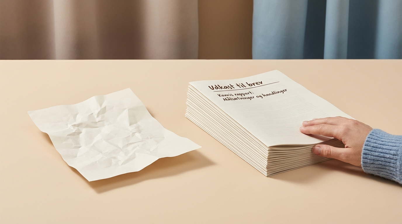 Kontrast mellem krøllet papir og pænt udkast, der viser værdien af at formulere din første specifikke samtale med AI.