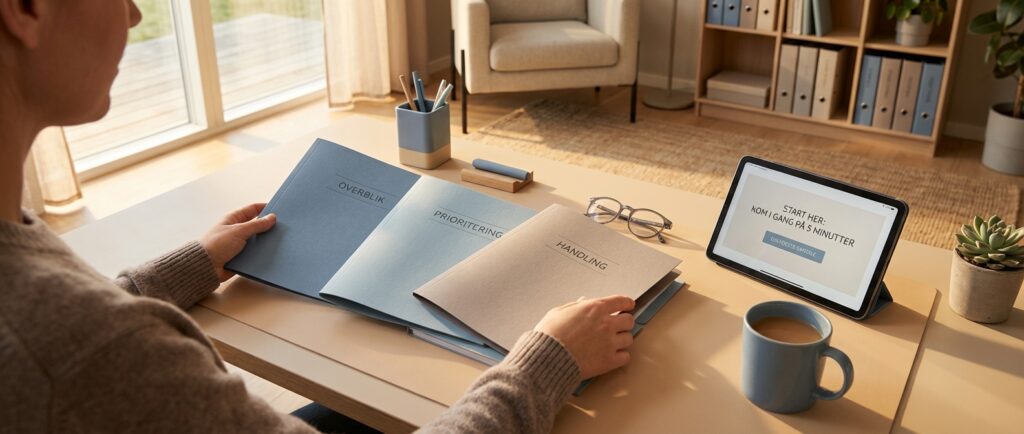 Hænder organiserer ubesværet minimalistiske mapper på et lyst skrivebord, symboliserer let adgang til AI og en hurtig start på din første samtale uden kodning.