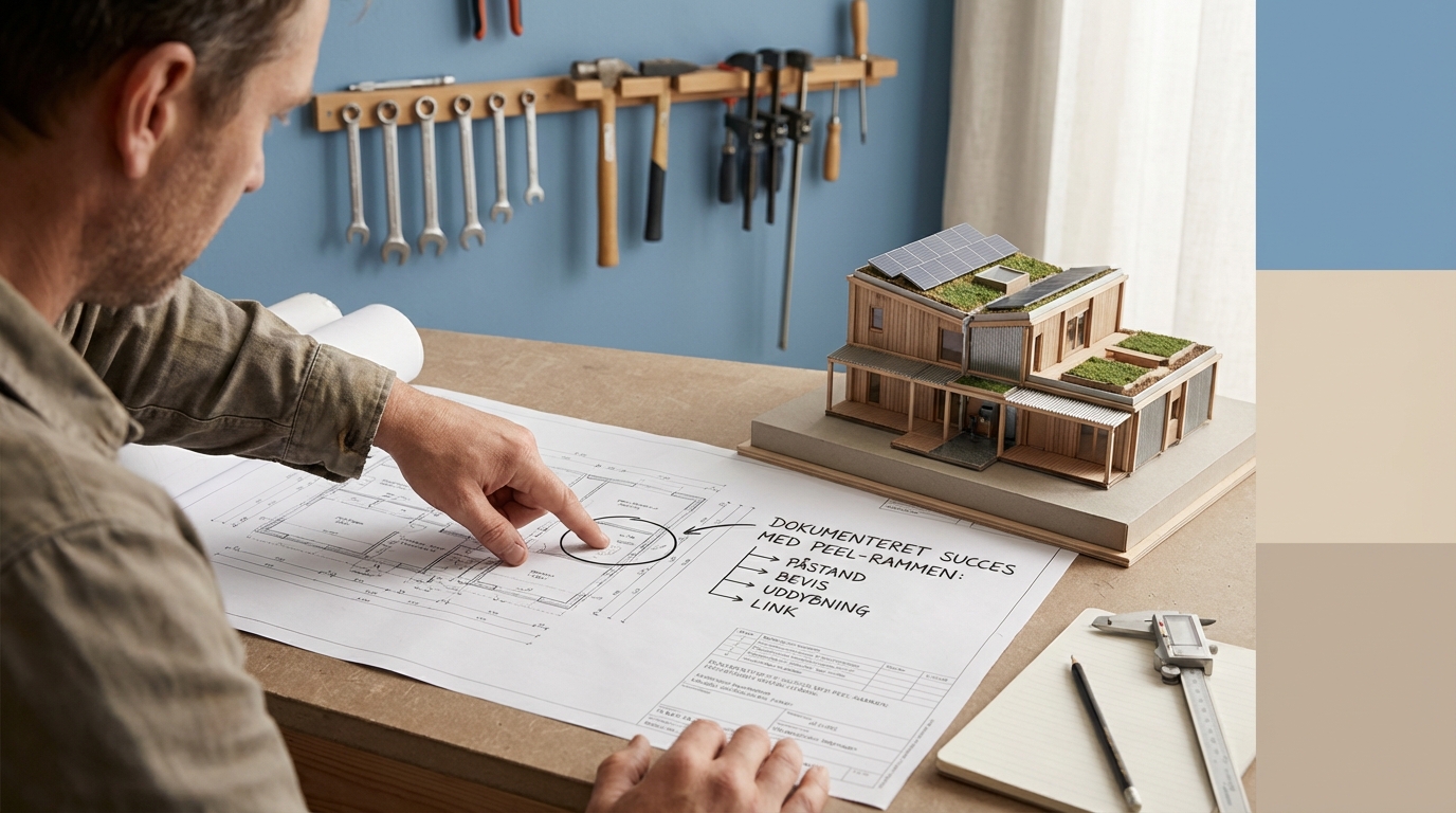 Hænder der peger på et fysisk projektresultat, illustrerer konkrete 