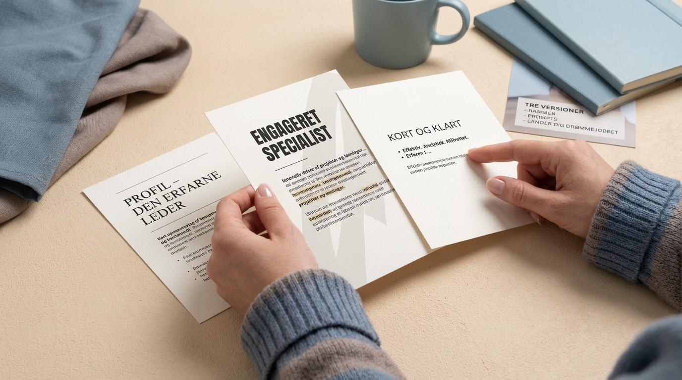 Hænder sammenligner tre forskellige versioner af en profiltekst, afgørende for 