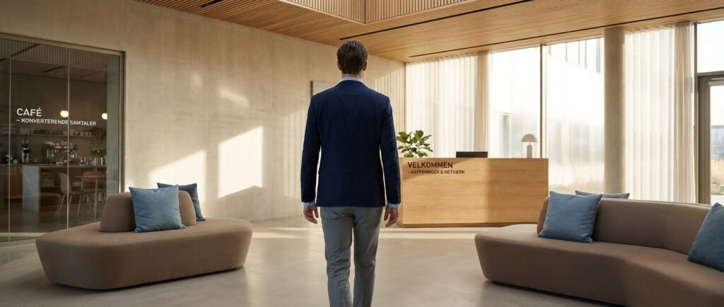En person går selvsikkert ind i et lyst kontormiljø, klar til at netværke som en pro og skabe kaffemøder der konverterer.