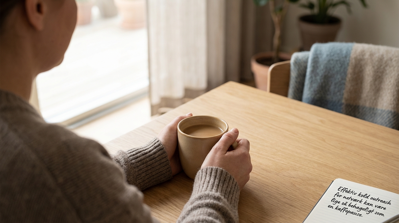 En person holder en kop kaffe i et afslappet kontormiljø, symboliserende effektiv kold outreach, der fører til ægte netværk som en pro.