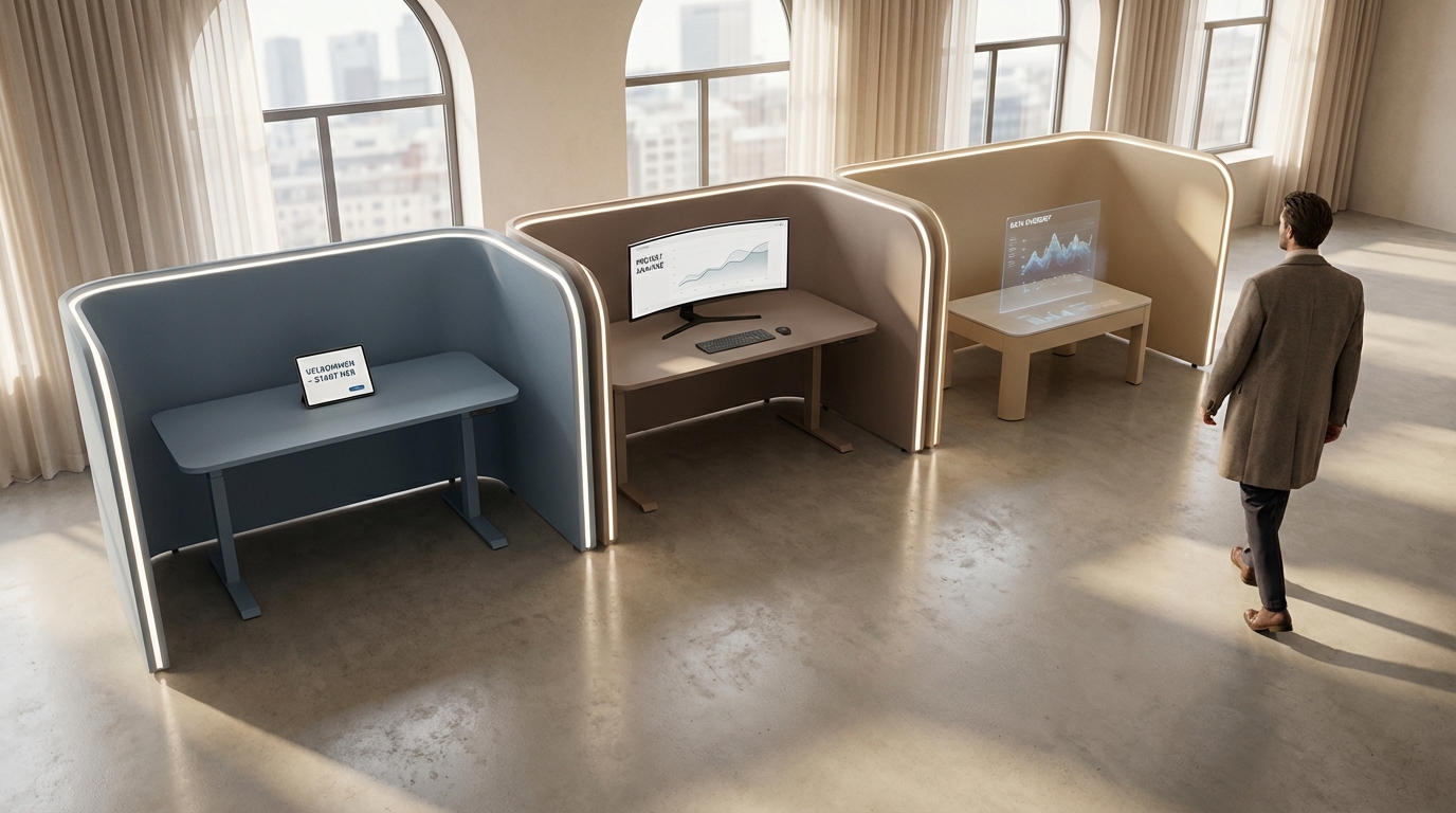 Person går selvsikkert fra ryddelige arbejdsstationer, der symboliserer tidsbesparelser fra NotebookLM i videnshåndtering.