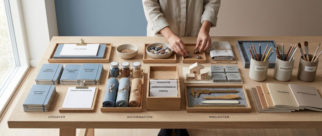 Hænder organiserer genstande på bord, symboliserende klare, effektive resultater fra 'Prompt Engineering for Begyndere'.