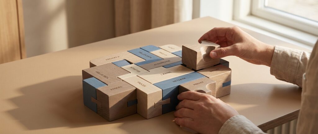 Hænder bygger en organiseret træstruktur, der symboliserer en virksomheds AI-hjerne. Trin for trin guide.