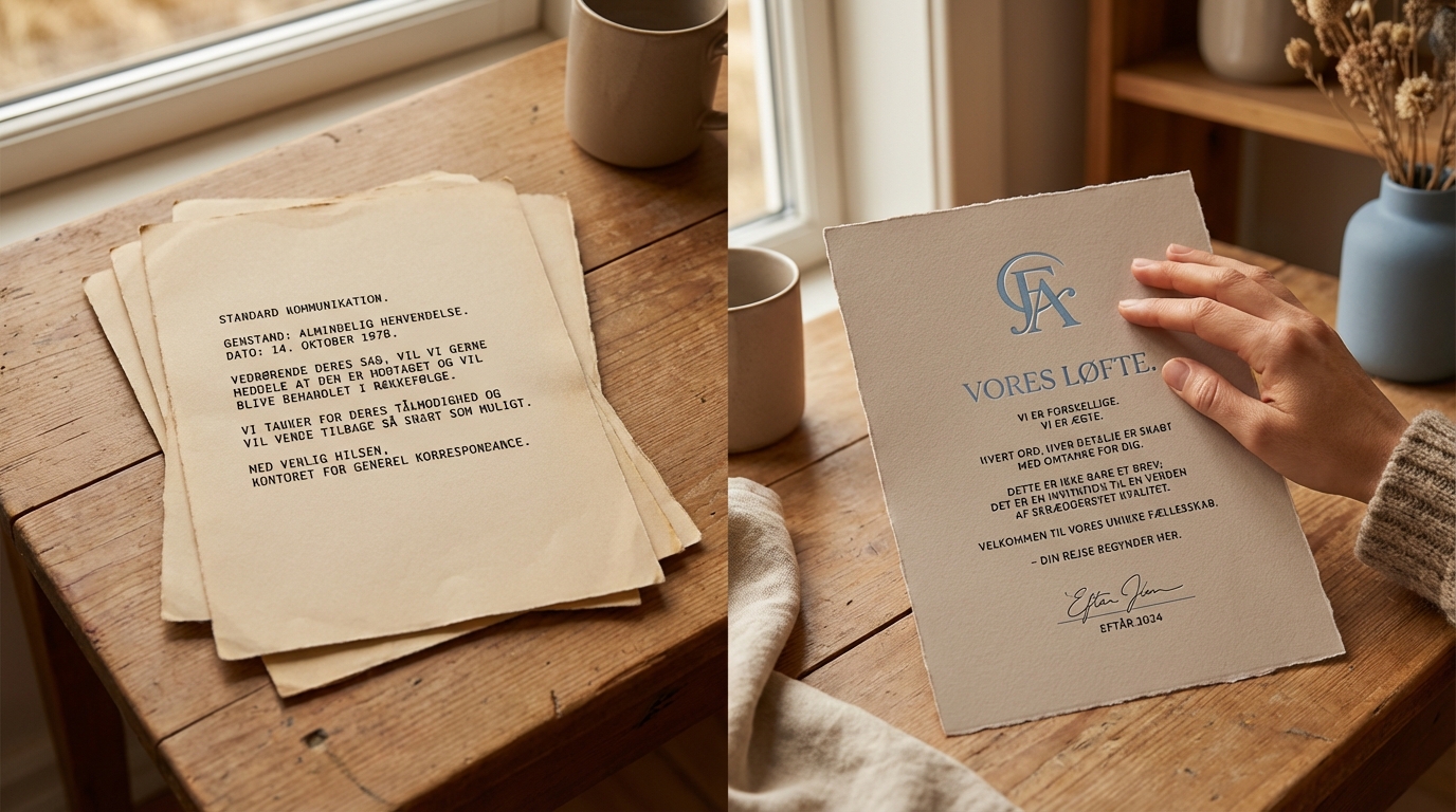 Kontrast mellem generisk og unik skriftlig kommunikation, med et brands egen stemme. Fra 