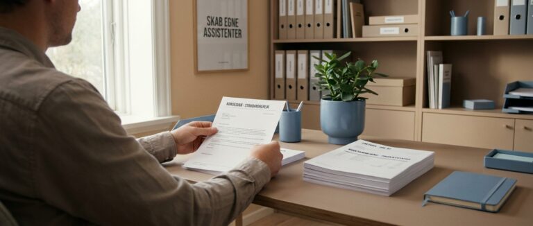 Roligt kontor, hvor færdige breve arrangeres. Illustrerer hvordan man skaber egne AI-assistenter med Google Gems til SMV'er.