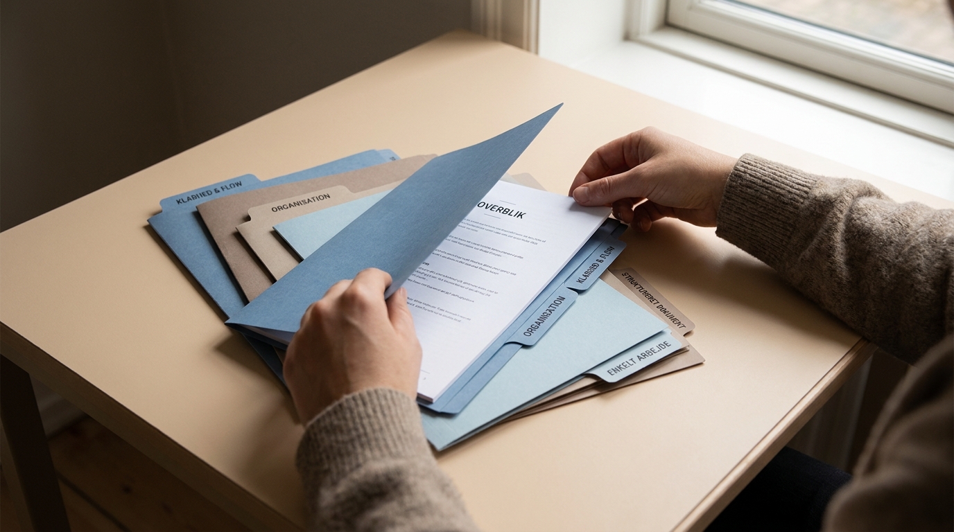 Hænder sorterer dokumenter i farverige mapper, der visualiserer de fire trin til at skabe egne Google Gems for SMV