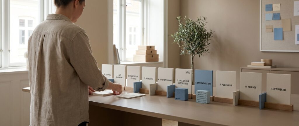 En person organiserer fysiske kort på et bord, der symboliserer et komplet AI indholdssystem skabt med Claude.